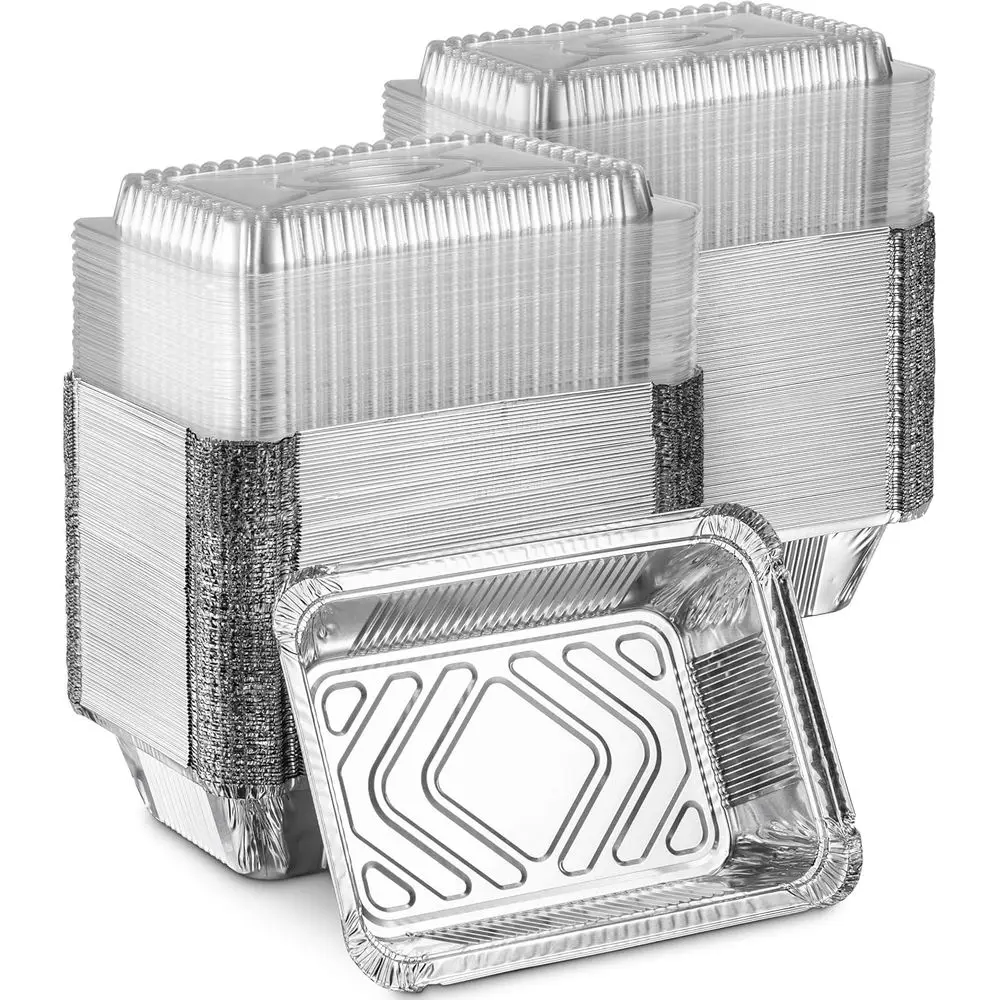 

100-Pack 2lb Aluminum Foil Containers with Clear Lids for Eco-Friendly, Spill-Resistant Takeout