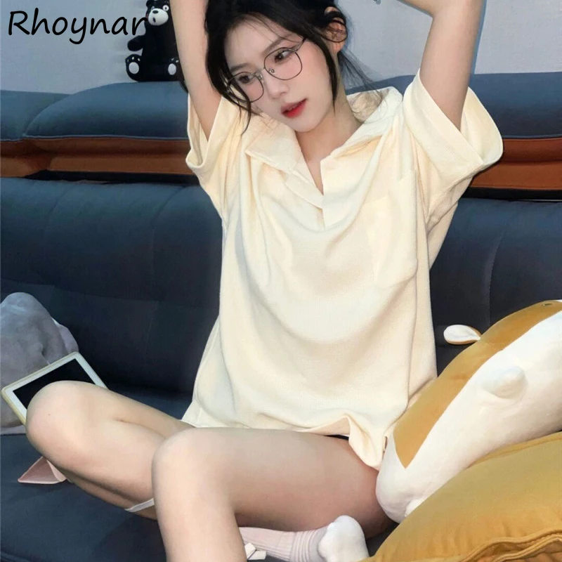 

Turn-down Collar Short Sleeve T-shirts Women Summer Sweet Girls College Baggy Cozy Casual Daily All-match Korean Style Prevalent