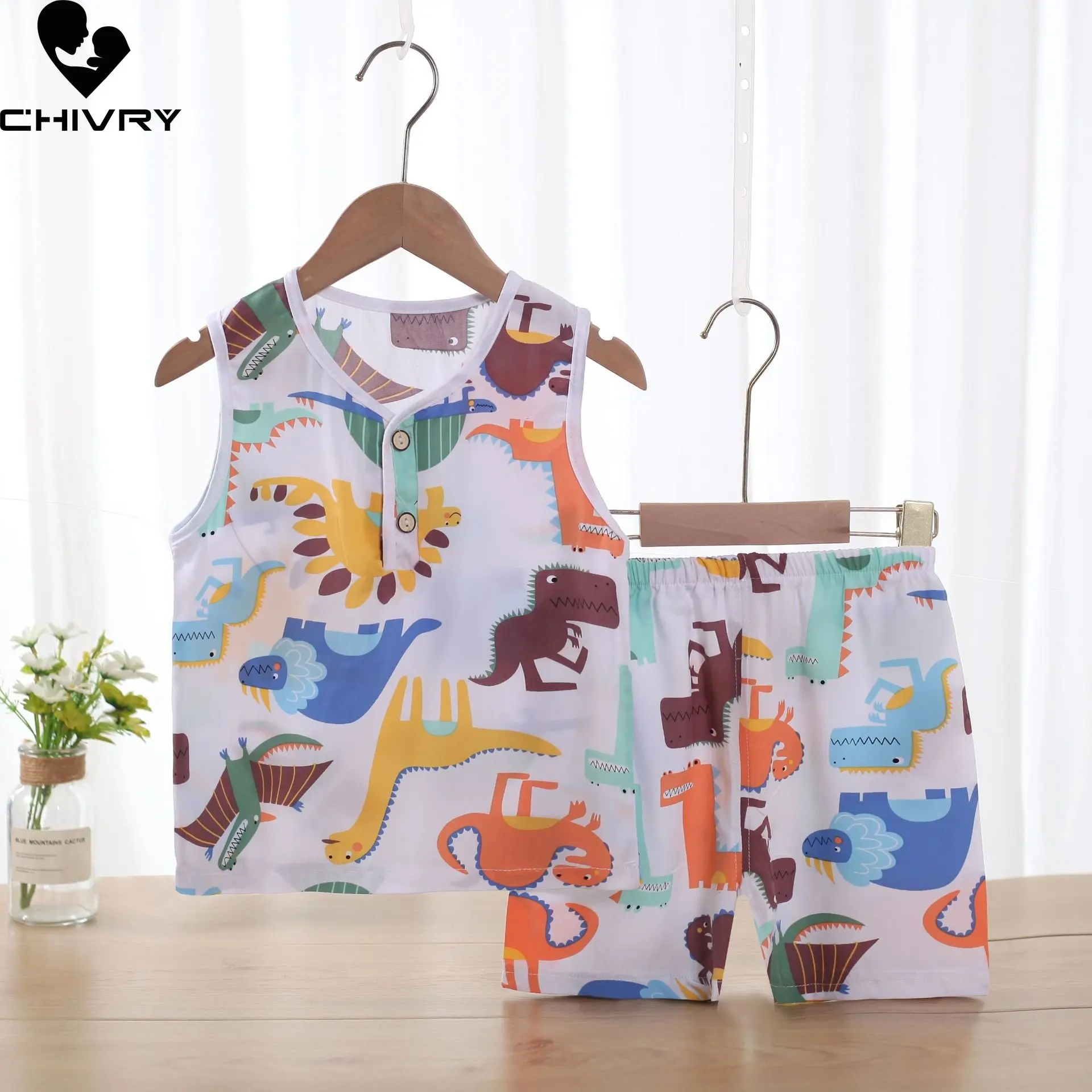 New 2023 Kids Summer Thin Pajamas Sleepwear Boys Girls Cartoon Sleeveless T-Shirt Tops with Shorts Baby Sleeping Clothes Sets