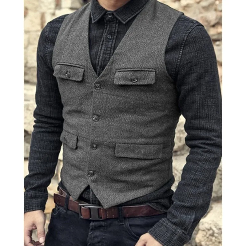 Men Vest V Neck Classic Steampunk Suit Wool Tweed Notch Lapel Thick Tweed For Wedding Groom Banquet Waistcoat