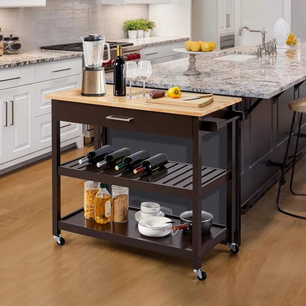 Kitchen Island Cart.Rolling Kitchen Island Cart, 3 Tiers Microwave Stand Cart Serving Cart on Wheels with Storage Drawer