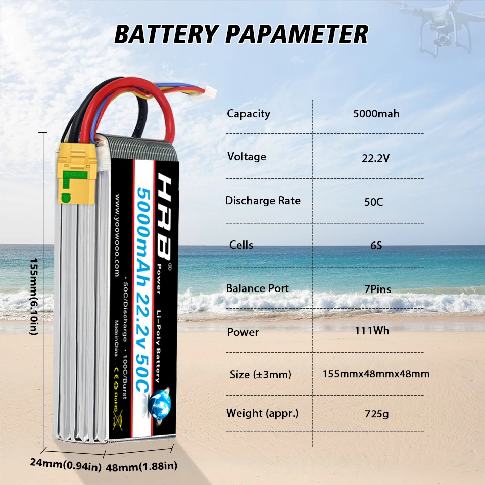 HRB 6S 5000mAh يبو بطارية XT90-S مكافحة شرارة موصل 50C 22.2 فولت بطارية توصيل خارجي كوادكوبتر هليكوبتر طائرة سيارة قارب شاحنة