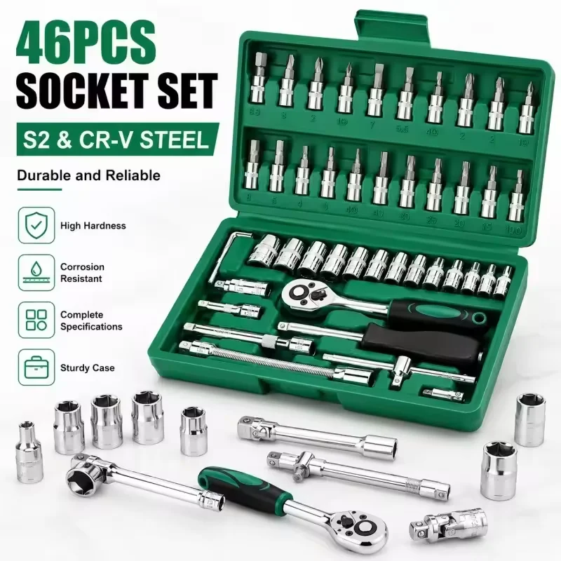 Family Tools 46 Pcs 1/4 Set Mechanic Tool Kits for Auto Repair Hous with Sockets Metric Hex Bit Socket Set inch Ratchet Wrench