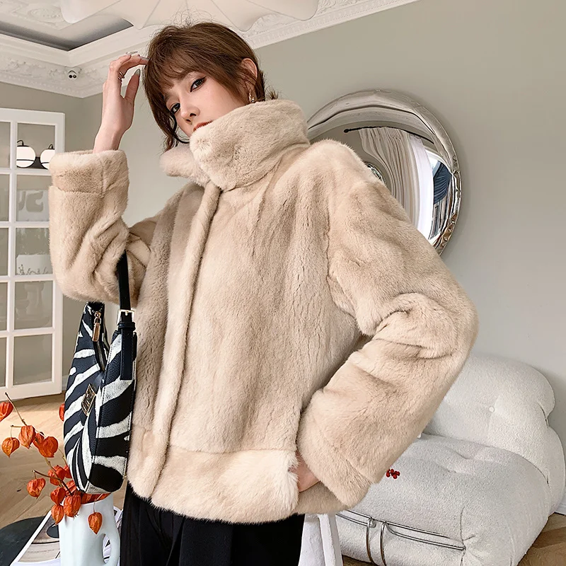 Mink 2023 Natural Imported Velvet Fur Coat New Winter Jacket Women Real Fur Stand Collar Warm Fashion Outerwear Streetwear