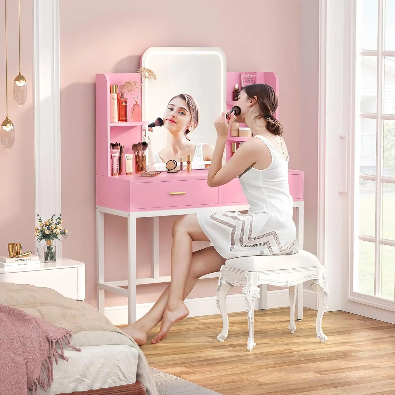 armocity Vanity Desk with Mirror and Lights, Makeup Vanity with 2 Storage Drawers, Vanity Table Set with 3 Color Lighting