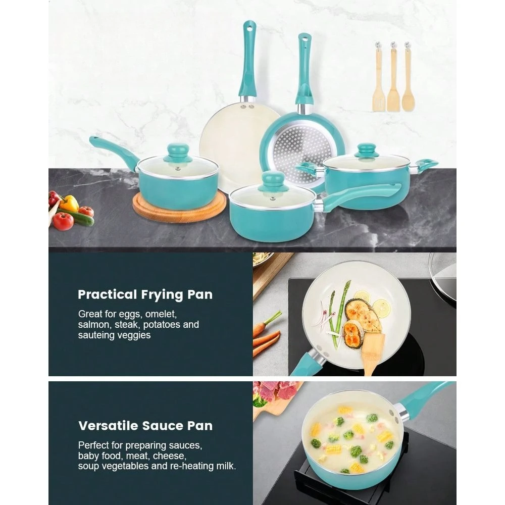 

Pots And Pans Set Nonstick, 11pcs Kitchen Cookware Sets Induction Cookware, Ceramic Non Stick Cooking Set, Stay Cool Handle & Bamboo Kitchen Utensils, Good For 1-3 Persons Meal Cooking,Turquoise