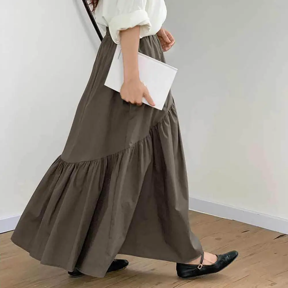 Wavy Pleated Women Long Skirt Sweet Style Irregular Pleated Maxi Skirt Solid Color High-waist A Line Skirt Retro Summer Skirts