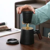 400ML Ceramic Tea Cup Tea Water Separation Cup with Filter Lid Large Capacity Home Office Wooden Handle Mug Filter Ceramic Cup