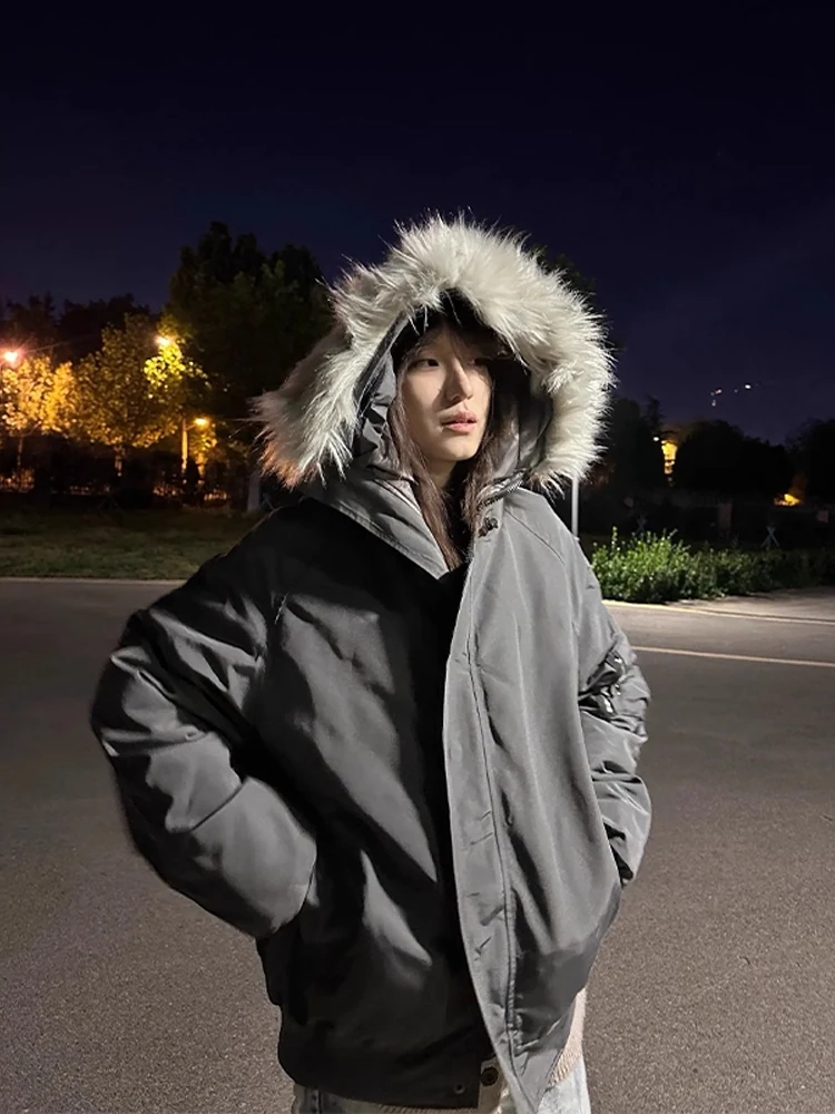 

Retro American ey Fur Collar Hooded Parka Coat Men Winter Thi Warm Cotton Jaet ort Workwear Cotton Outerwear