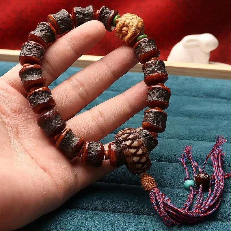 Vintage estilo tibetano Yak Bone Gaba La Single Loop Wenzuan hecho a mano budista pulsera de oración de mano para hombres y mujeres