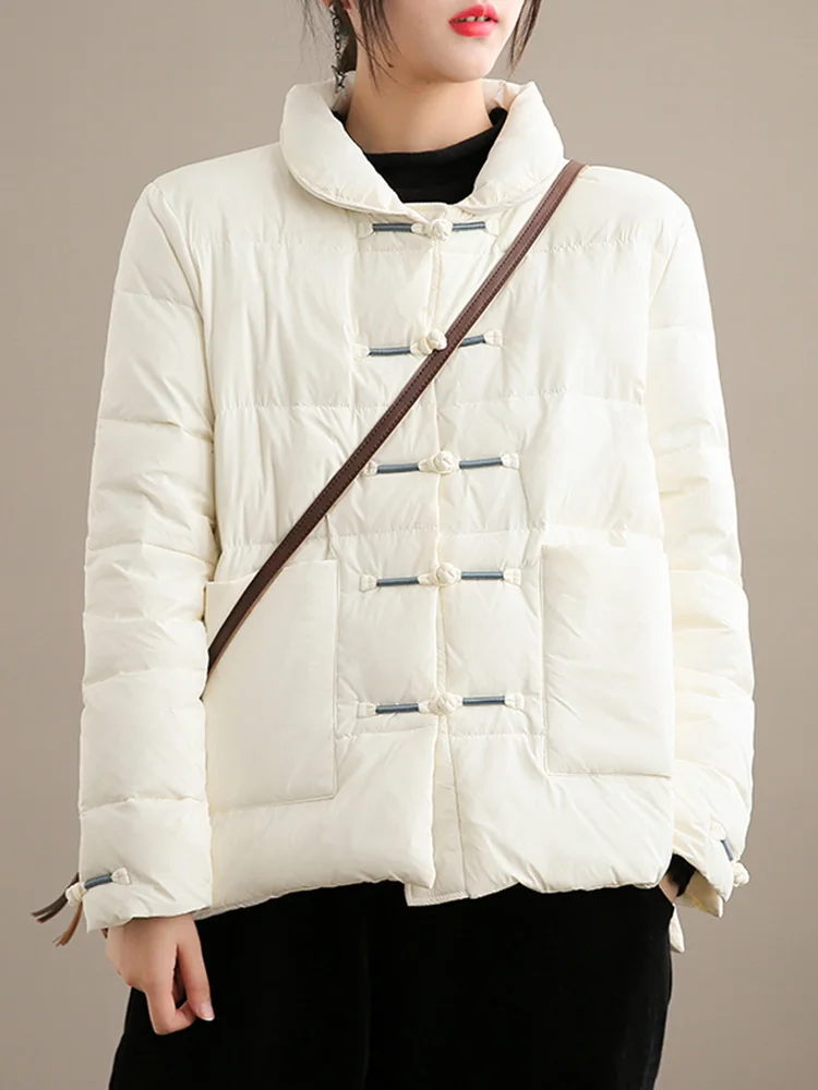 

Vintage Single Breasted Ultra Light Down Coat Winter Women Casual 90% White Duck Down Jacket Chinese Style Outwear