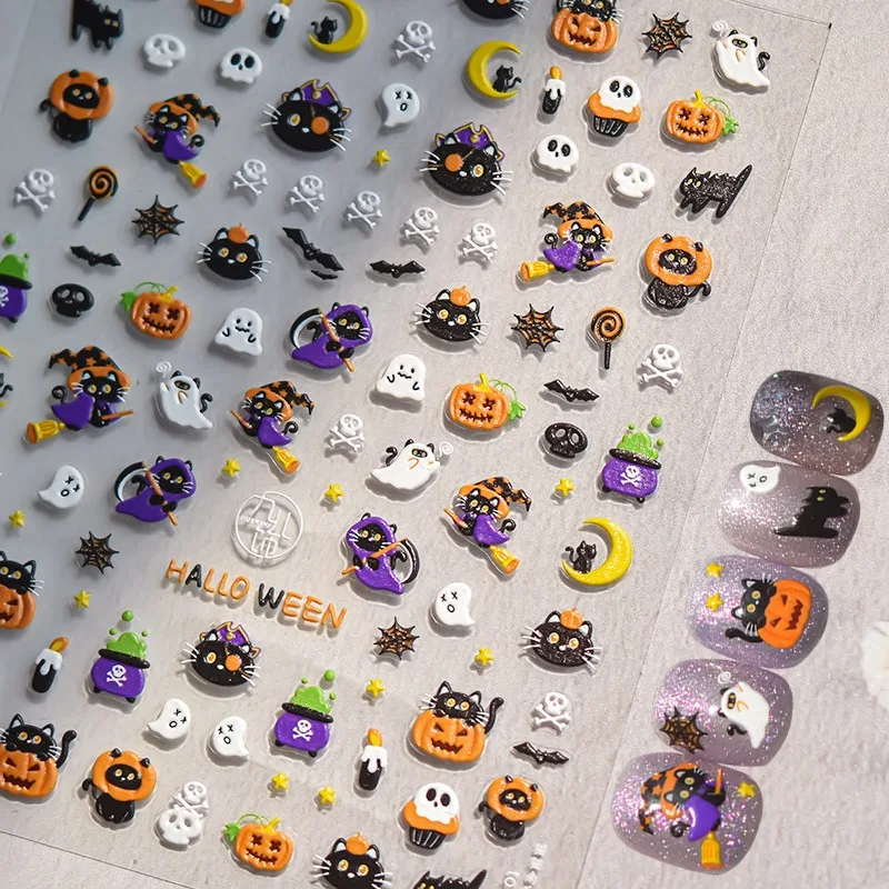 

Pumpkin Ghost Broom Spider Nail Art Stickers Happy Halloween Nail Decoration Black Cat Witch Hat Skeleton Manicure Nail Decals