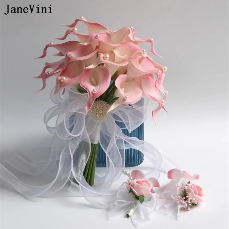 JaneVini 2024 Romantic Korean Bridal Bouquets Ribbon Handle Artificial Pink Calla Lily Pearls Bridesmaids Bouquet Wedding Flower