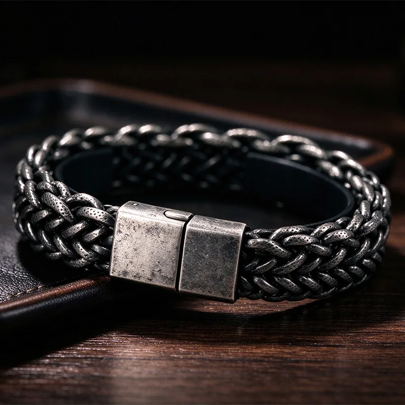 Stainless Steel Braided Double Row Front and Rear Fish Scale Vintage Color Bracelet with Keel Jewelry