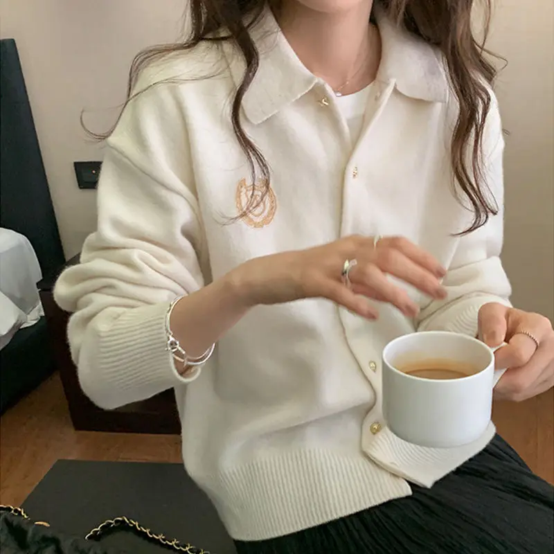 Female Clothing Embroidery Polo-Neck Cardigan Preppy Style Basic Autumn Winter Commute Single-breasted Casual Knitted Sweaters