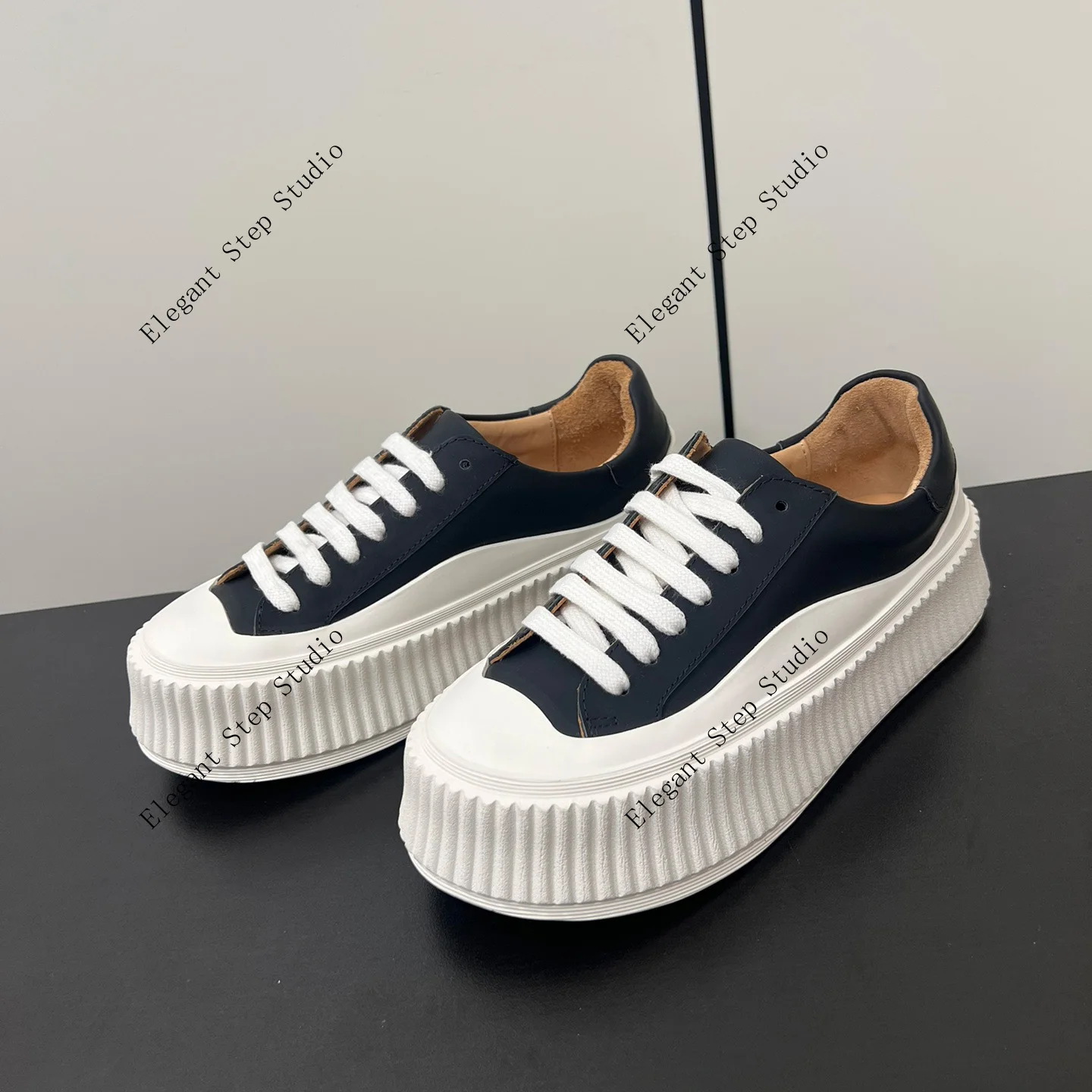Unisex Shoes Leather Platform Sneakers Low-top Lace-up White