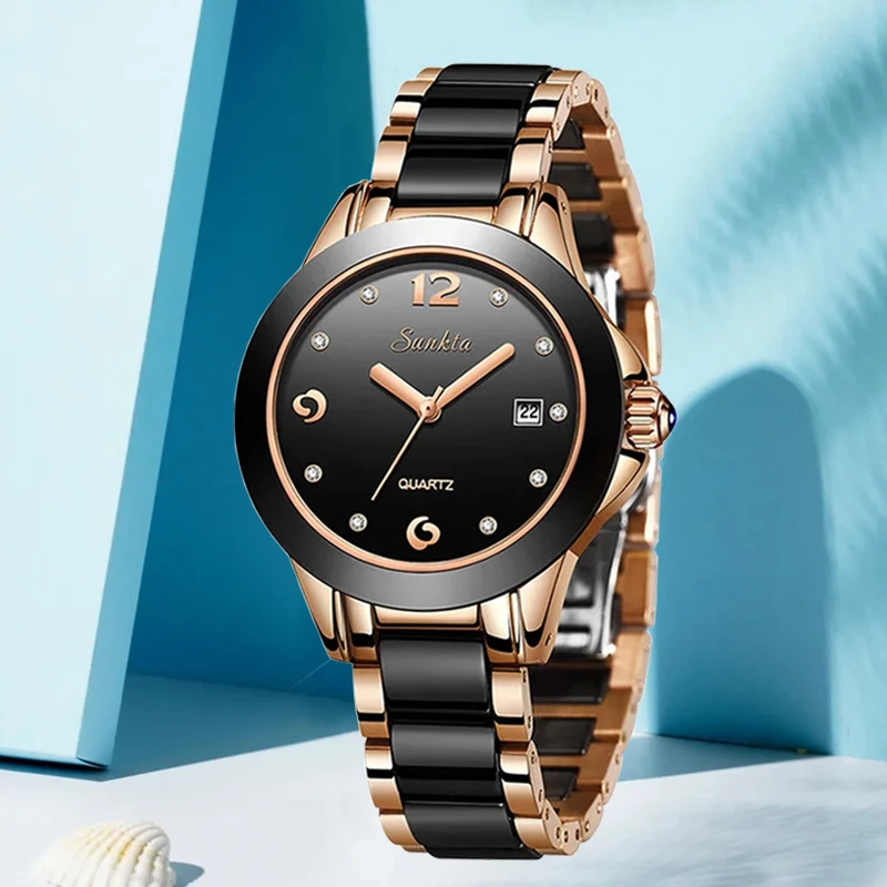 LIGE ブランド Sunkta クォーツ女性用腕時計セラミックファッション高級エレガントなシンプルなダイヤル時計女性用防水時計ギフト