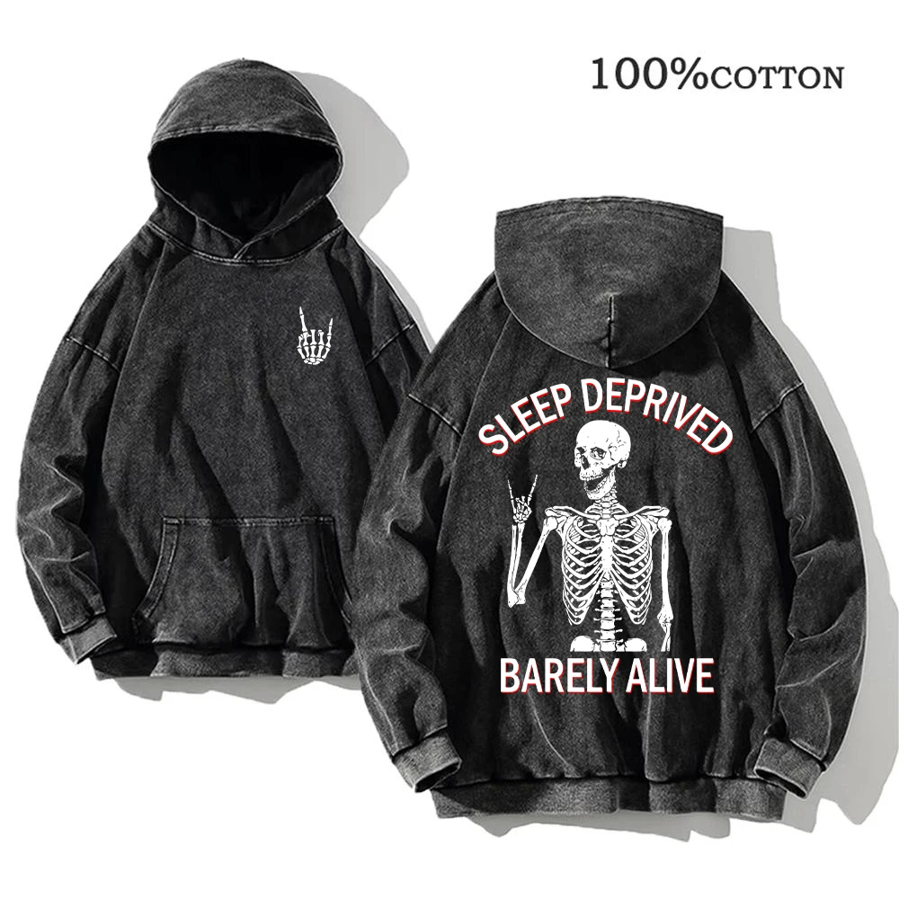 Men's Trendy Skull Print Washed Hoodie Autumn And Winter Pure Cotton Fashionable Commuter Fitness Top Street Retro Sweatshirt