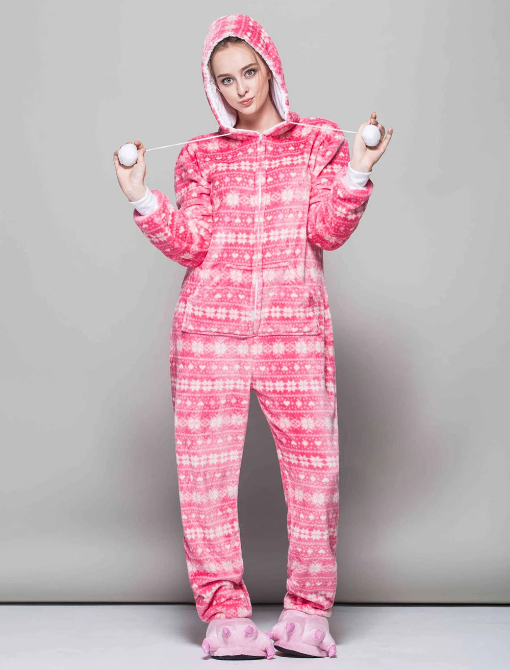 Women Long Sleeve Fleece Hooded Jumpsuit Pajamas with Zipper Christmas Snowflake Print Onesie Bodysuit Holiday One Piece Costume