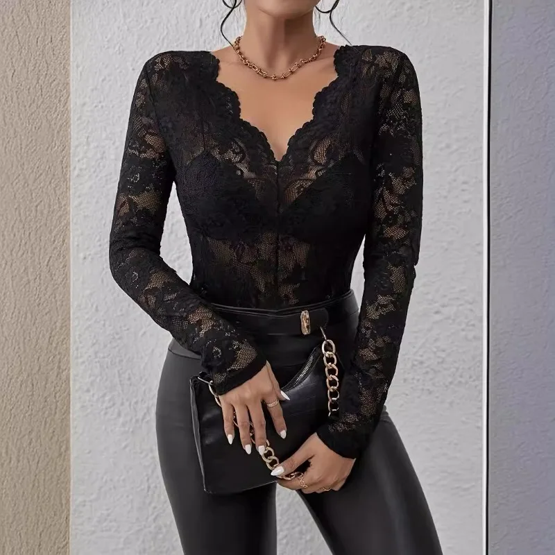 Sexy Lace Sheer Long Sleeve T-Shirts Fashion Women V-Neck Y2K Slim Floral Embroidery Crop Tops Casual Streetwear Hot Girl Tees