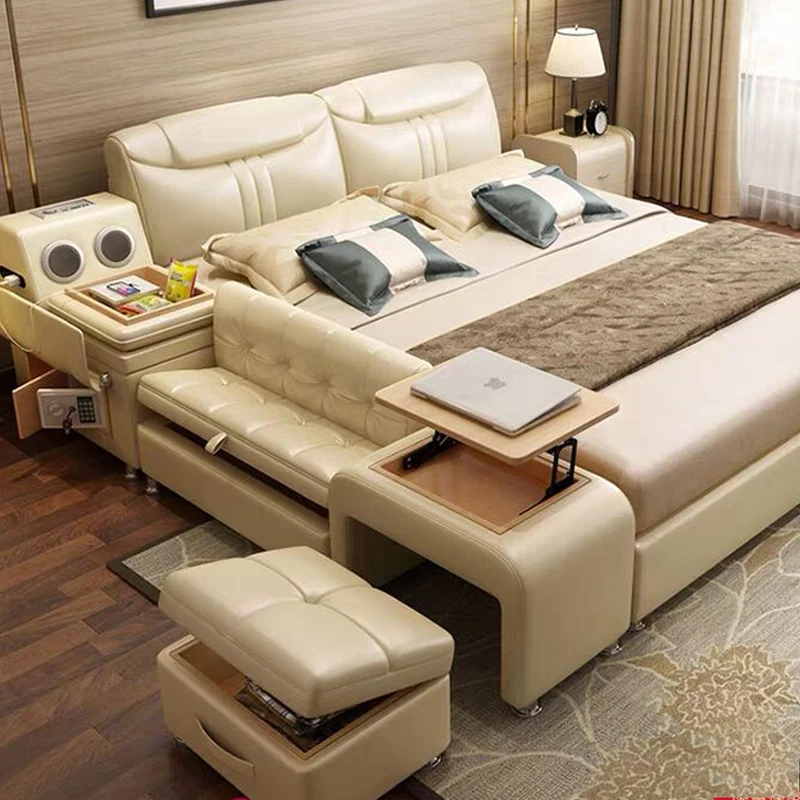 Double Soft Girl Bed Simple Leather Room European Master Bed Water Proof Cama Inteligente Multifuncional Bedroom Furniture