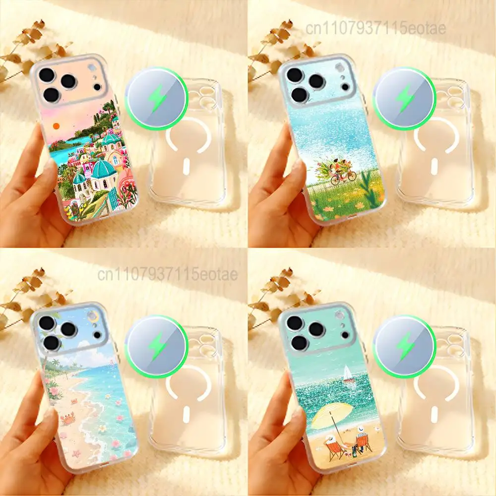 Creative Style Vacation Beach Venice Frosted Clear Magnetic Case for iPhone 18 17,16,15,14,13,12,11 Pro,Max,Plus,Mini,Air,E