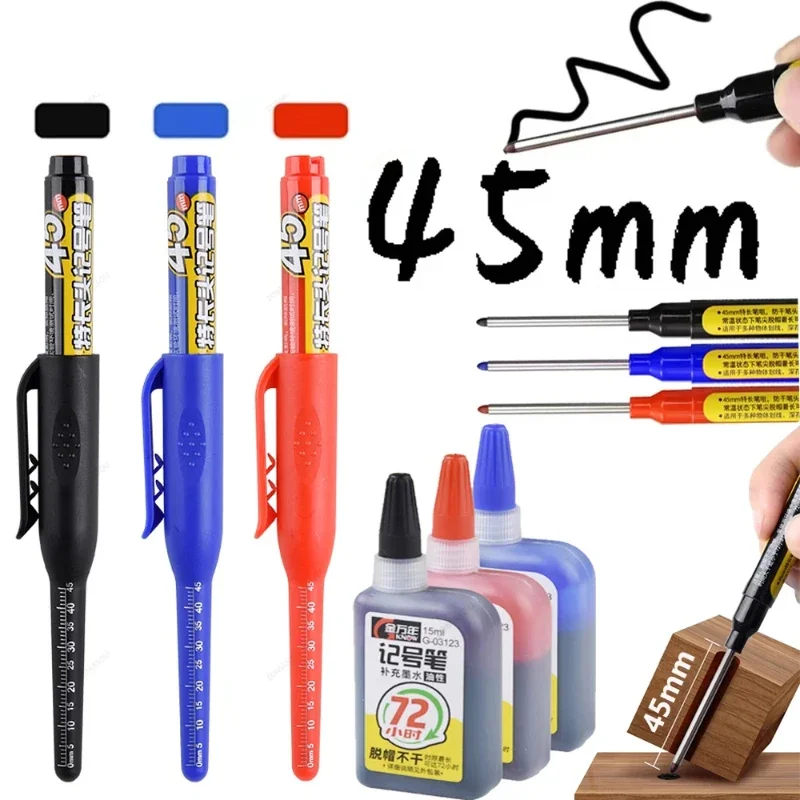 1-6 unidades de rotuladores de punta larga de 45 mm, impermeables, para agujeros profundos, para azulejos, carpintería, multiusos, para trabajar la madera, tinta negra/azul/roja