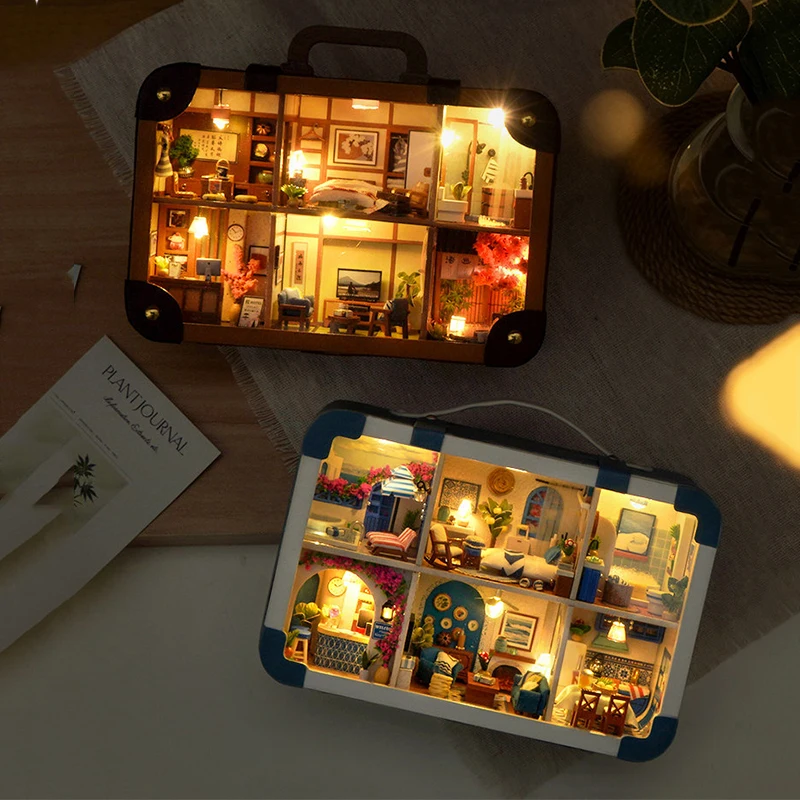 DIY Wooden Mini Casa Japanese Style Suitcase Miniature Model Kits With Furniture Puzzles Dollhouse for Friends Birthday Gifts
