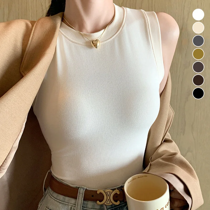 Women Wide Strap Tank Top Sleeveless Camisole Polyester Slim Fit Crew Neck Sweet Preppy Style Spring Summer Inner Outer Wear