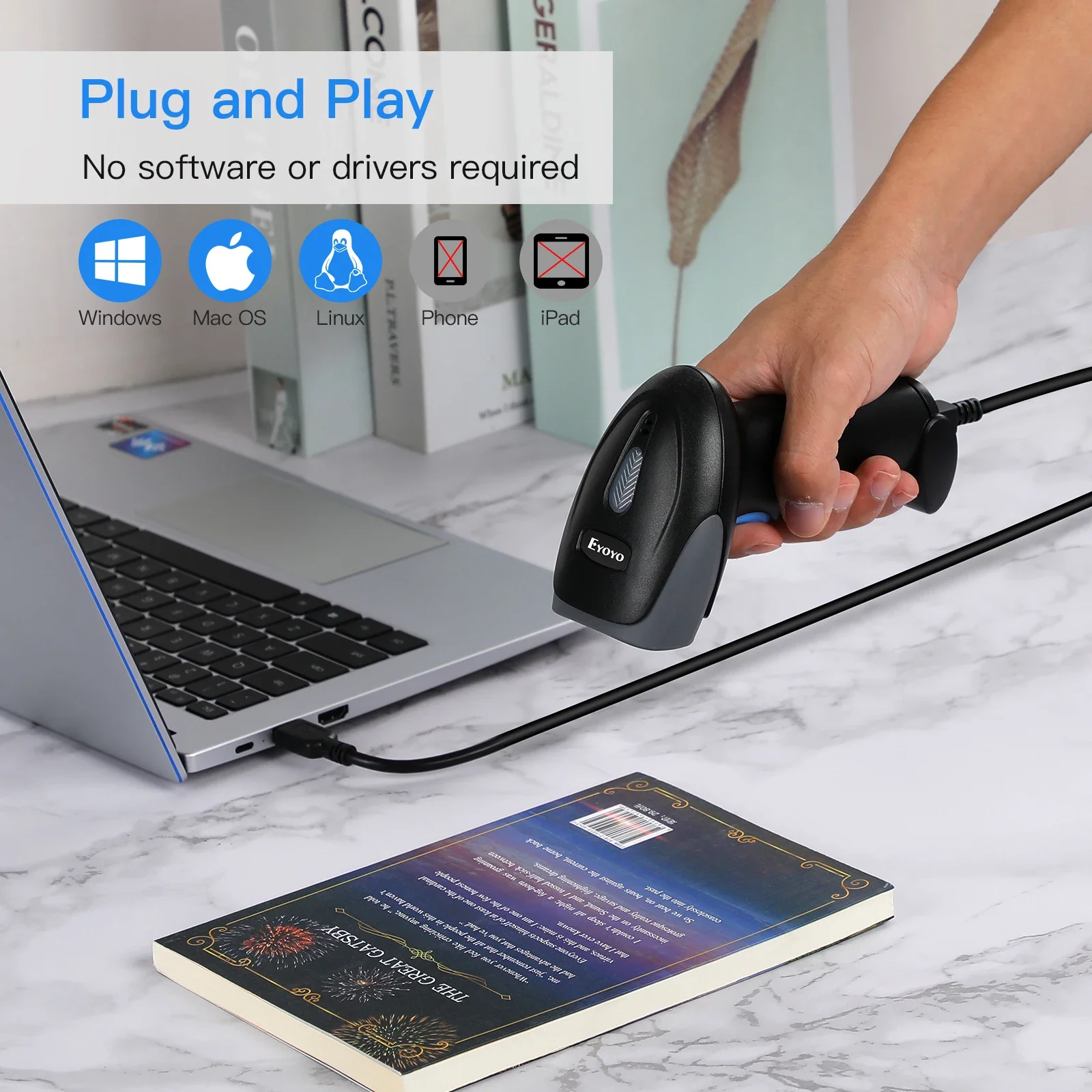 

Ручной проводной сканер штрих-кода Eyoyo, 1D/2D USB-считыватель QR/PDF417/матричный код даты для супермаркета, работы с Windows Mac Android