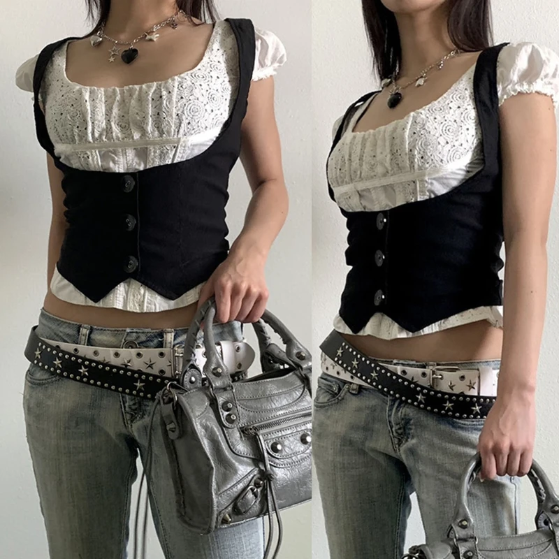 المرأة القوطية خمر متأنق صدرية بلون أسود Racerback سترة صغيرة بدلة سهرة فستان Steampunk 3 زر نحيل للمحاصيل