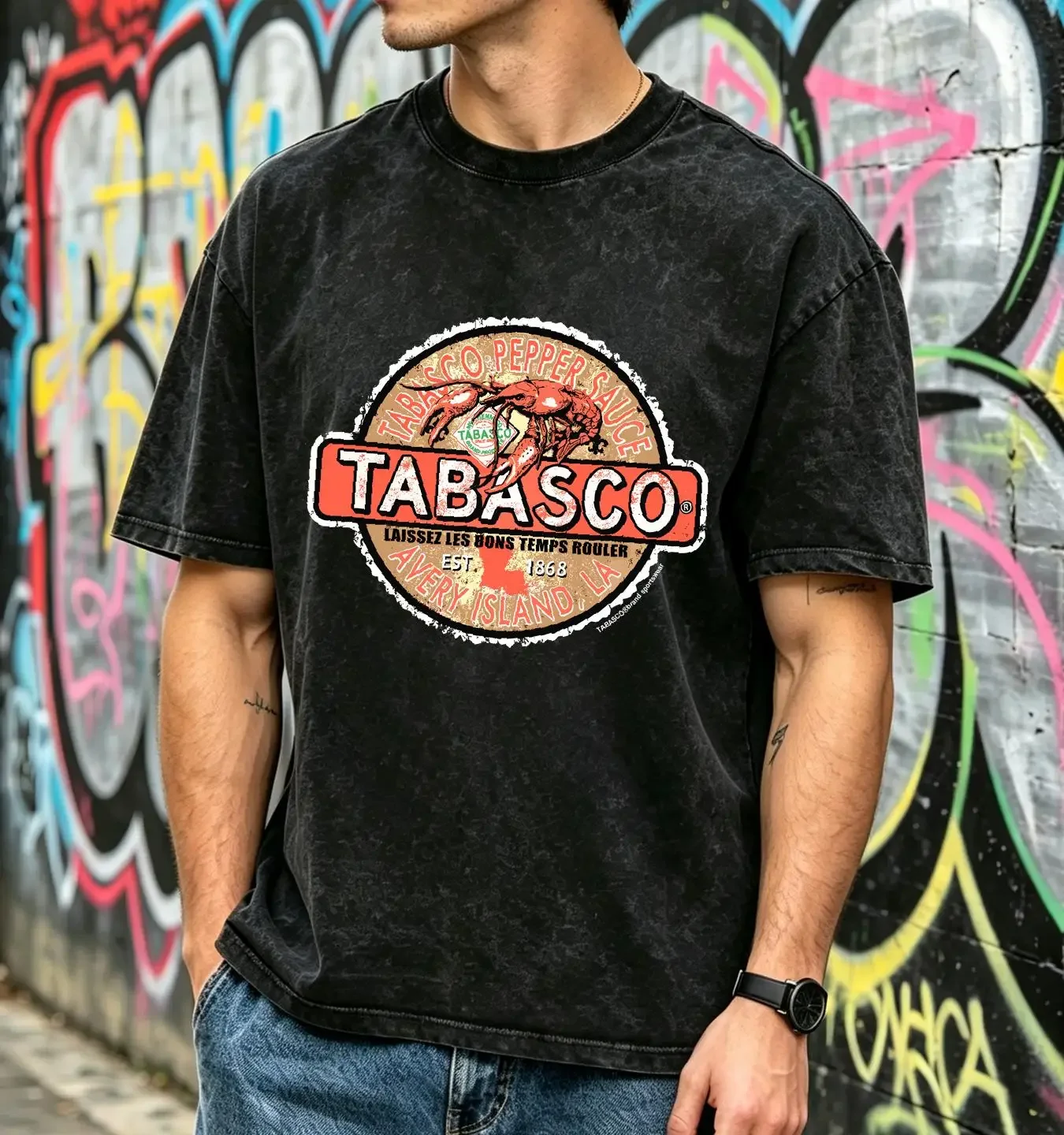 washed T Shirt Tabasco Pepper Sauce Adult XL Black Avery Island LA Red Crawdad Logo Mens long or short sleeves vintage Washed
