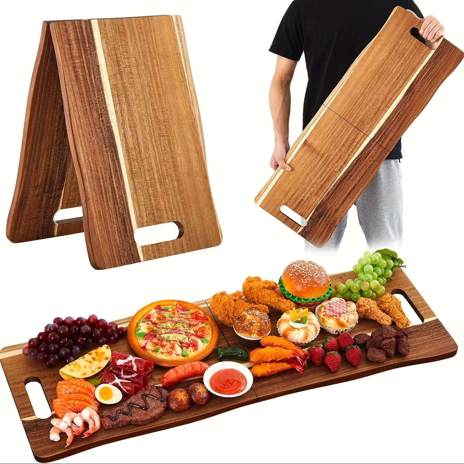 

Large Acacia Wood Charcuterie Board with Handles - Extra Large Foldable Serving Tray Suitable for Cheese, Meat, Appetizers, Wood Table Board for Parties, Housewarming Gifts, & Dining, Rectangular Meat Board for New Home