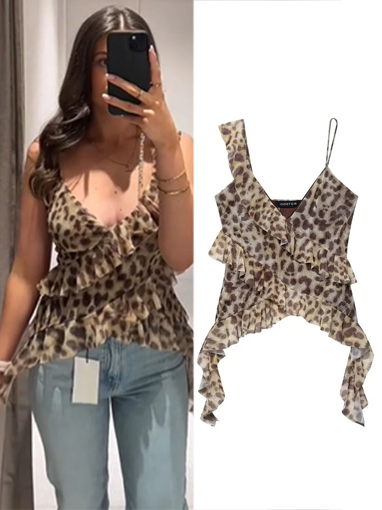 HH Damen 2025, Sommer-Streetwear, sexy, modisch, geschichtet, plissiert, Top, Leopardenmuster, Tüll, elegantes Damen-Hosenträger-Top, Y2k