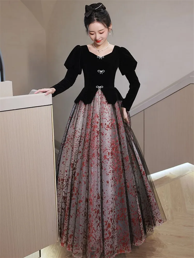 Black Dress for Women Autumn Winter New Patchwork V-neck Bow Lace Long Sleeve A-line Skirt Temperament Female Clothing M162