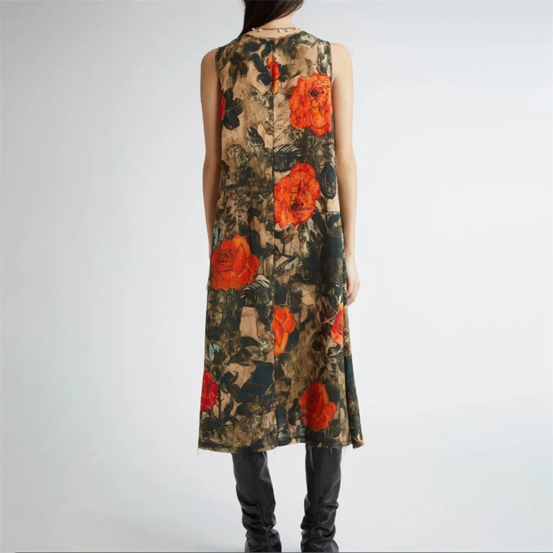 Y2K 高品質の夏の新しい女性のラウンドネックピュアコットンプリントノースリーブドレスファッションカジュアルローズフラワー休暇ミディドレス