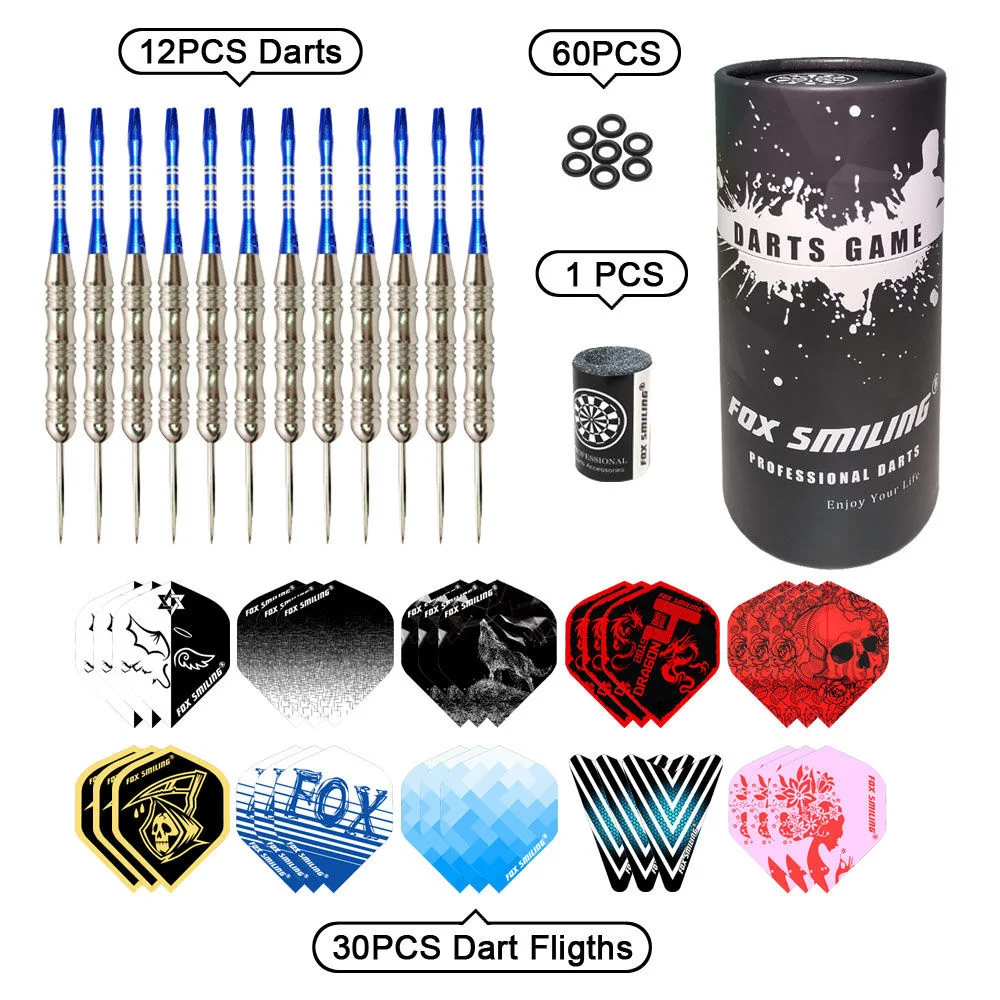 Fox Smiling 12PCS Dart Pins 22g Steel Tip Darts Aluminum Shaft  With 30PCS Flights，60PCS Rubber O Ring, 1PCS Sharpener