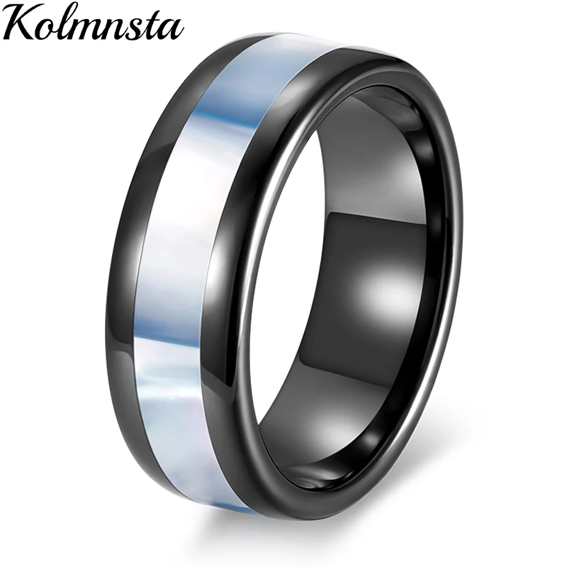 

Kolmnsta 8mm Black Ceramic Ring Men Women Rings Real Blue Shell Inlaid Wedding Engagement Band Fashion Jewelry For Lover Couple