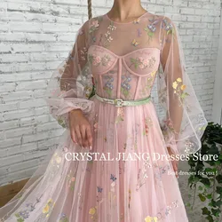 Customized Long Pink Prom Dresses O Neck Tulle Long Puffy Sleeves Lace Embroidery A Line Sweep Train فساتين للحفلات الراقصة