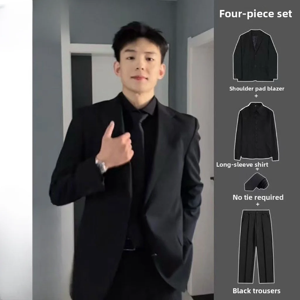 

Модный черный деловой повседневный костюм с подплечниками для мужчин, весенне-осенний стиль, премиум-класс, на двух пуговицах, однобортный, из чистой ткани.