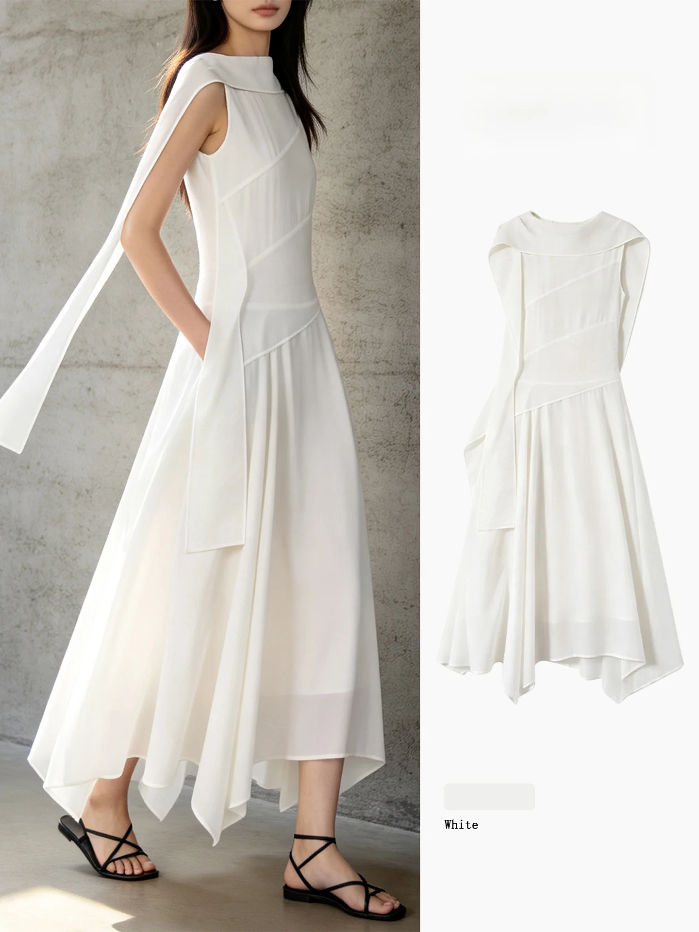 

White Sash Neck Drift Dress Women's Summer New Style Sleeveless Swing Collar Design Slimming Elegant Vest Skirt French Style