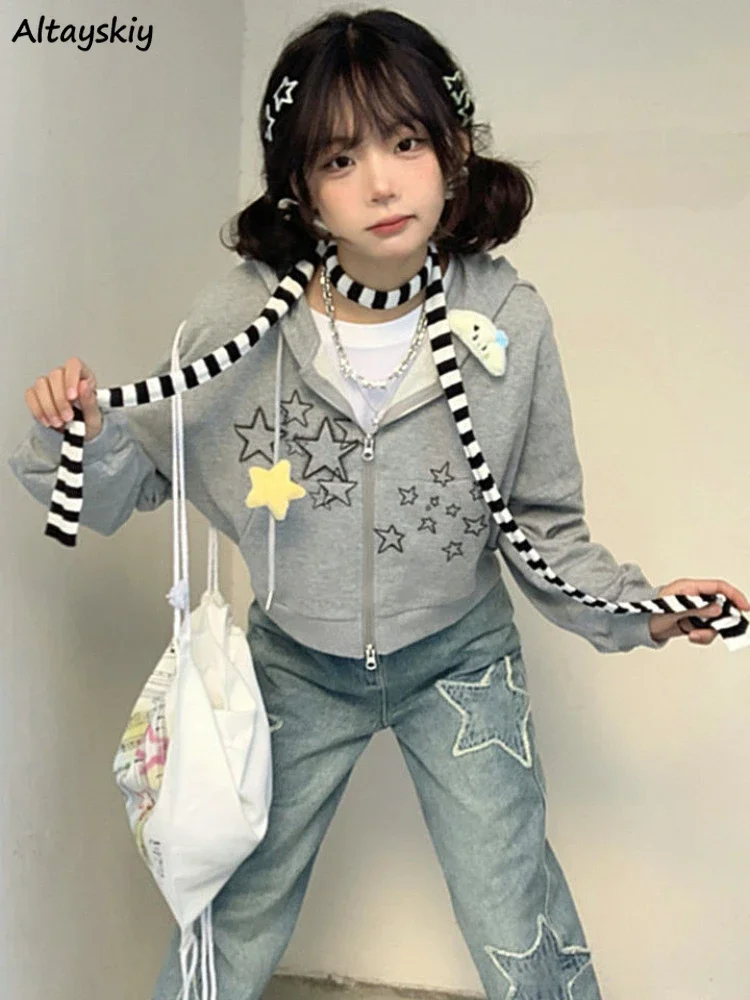 

Мешковатые толстовки со звездным принтом для женщин и студентов Y2k, милые ретро-досуг, Ulzzang, винтажный дизайн, осенние пальто на молнии, Harajuku High Street