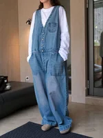 [EAM] Women Blue Denim Pocket Big Size Long Jumpsuit New High Waist Pocket Stitch Pants Fashion Tide Spring Autumn 2026 1DH6230 - Image 2