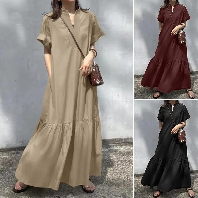 

2025Spring and Summer New Fashion Women's Stand Collar Short SleeveVLoose Fit HemALong Skirt