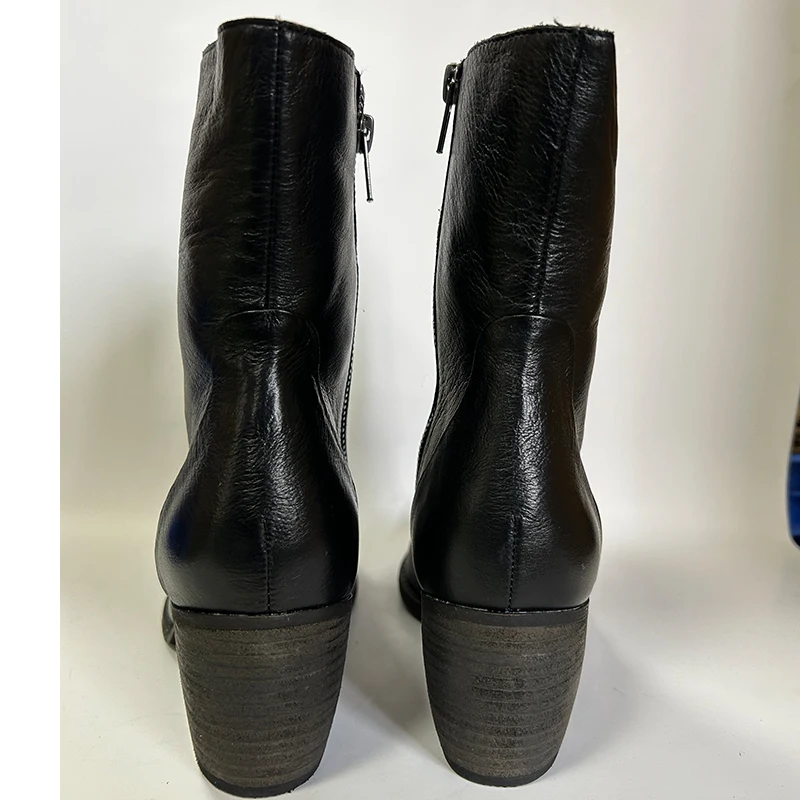 Soft Cow Leather Inside Zip Women Ankle Boots Point Toe Washed Stacked Mid Heel Rub Finish
