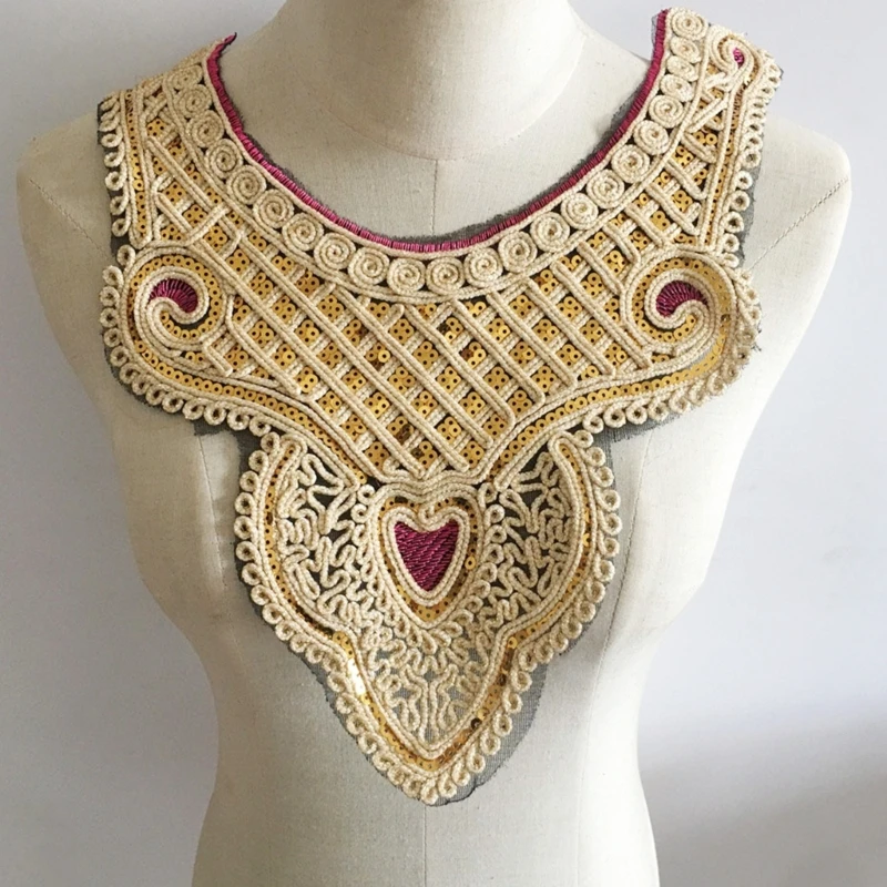 Golden Embroidered Collar Sequined Floral Appliques Trim Decorative Lace Neckline Sewing Patches Clothing Accessories Dropship