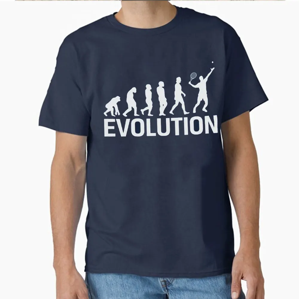 Evolution Of Tennis T Shirt from ape through prehistoric man to tennis player serving