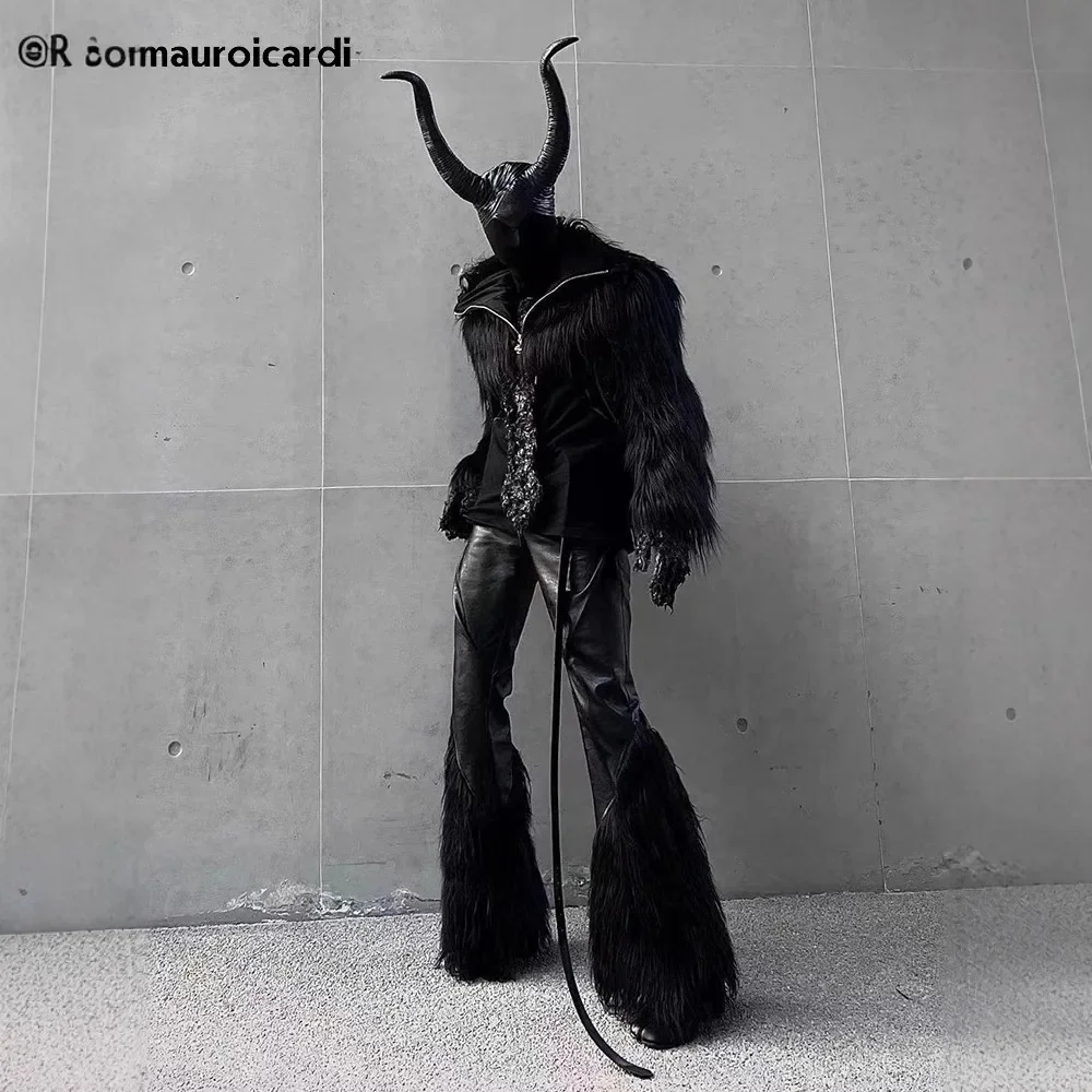 

Steampunk Sinter Faux Fur Warm Crop Jacket Halloween Horror Demon Cosplay Costume Hooded Shaggy Black Gothic Fluffy Coat