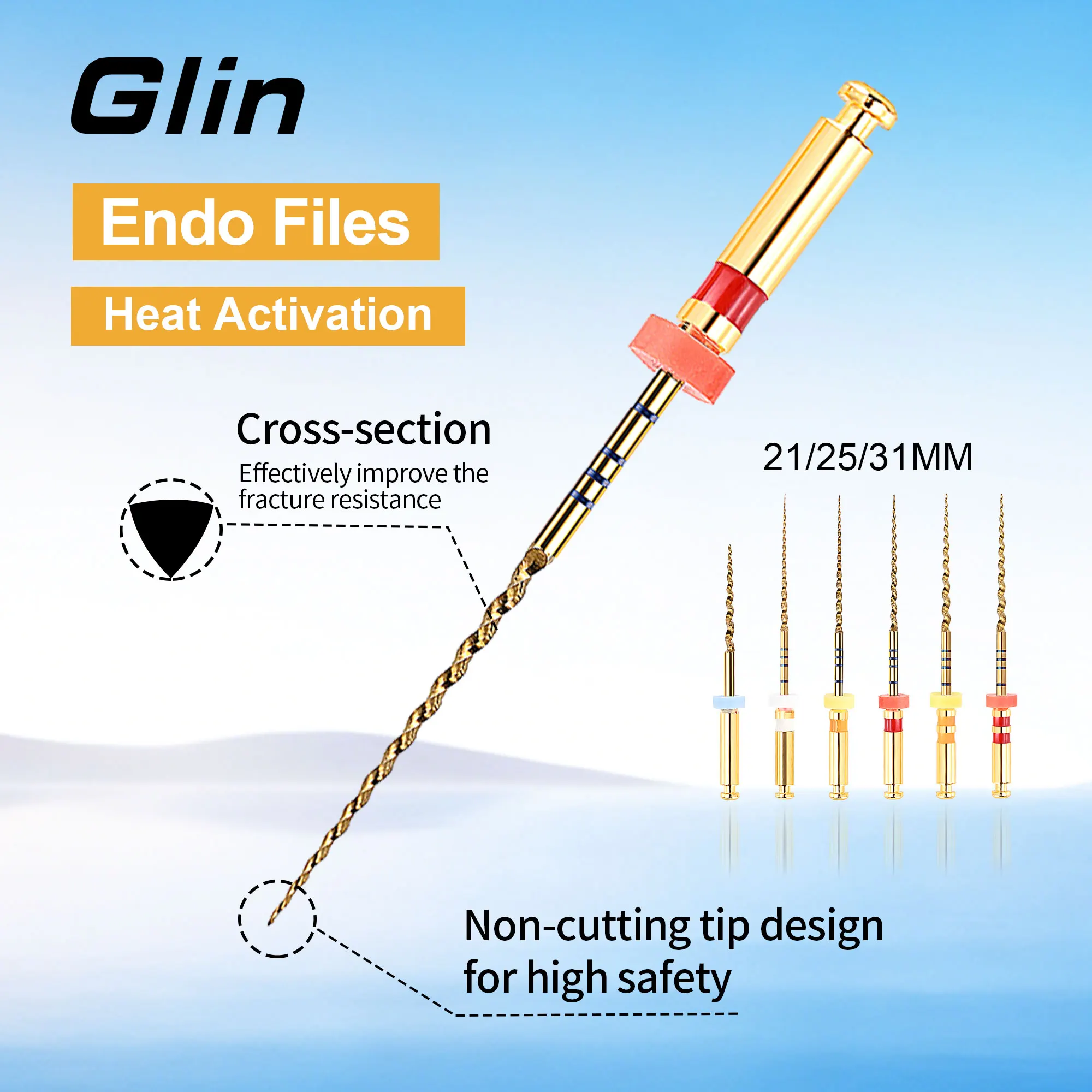 

Glin Dental Heat Activated Gold Flexible Endo Files Canal Root Treatment Rotary Golden File Dentist Tools Endodontic Files