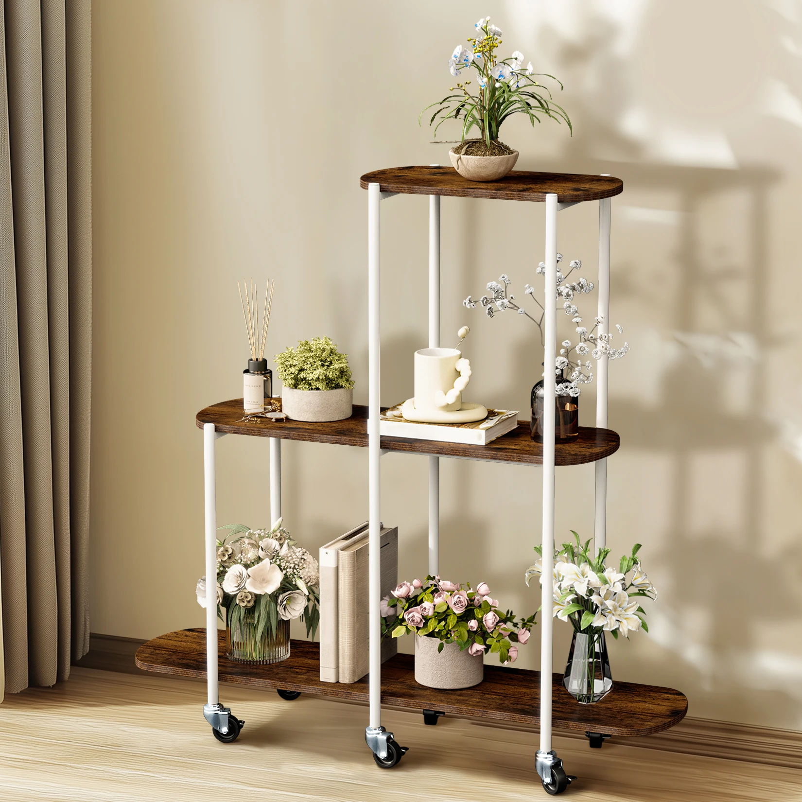 

Multiple Metal and Wood Tiered Flower Stand Rolling Plant Display Rack Indoor Outdoor